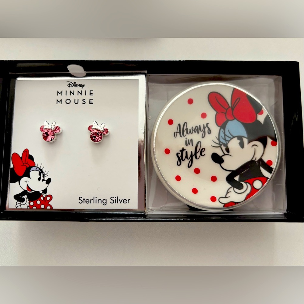 Disney Minnie Mouse Pink Sterling Silver Earrings and Trinket Dish Set.